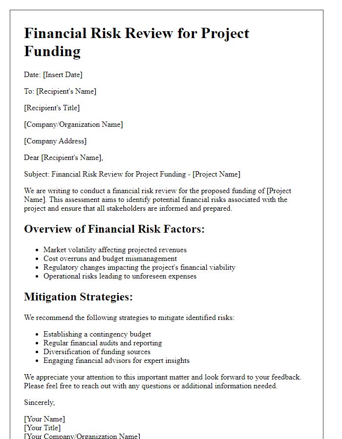 Letter template of financial risk review for project funding