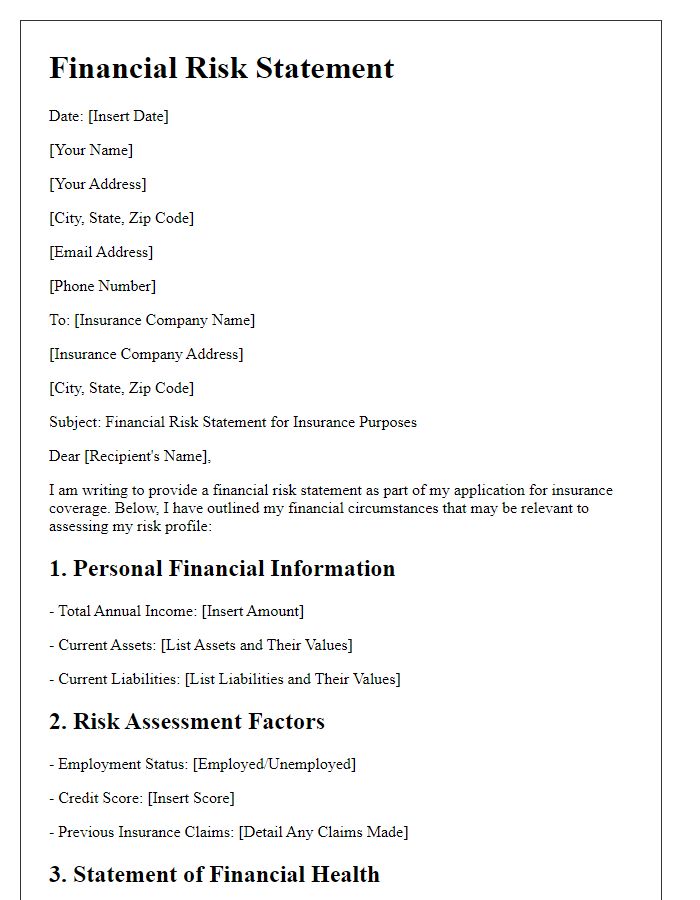 Letter template of financial risk statement for insurance purposes