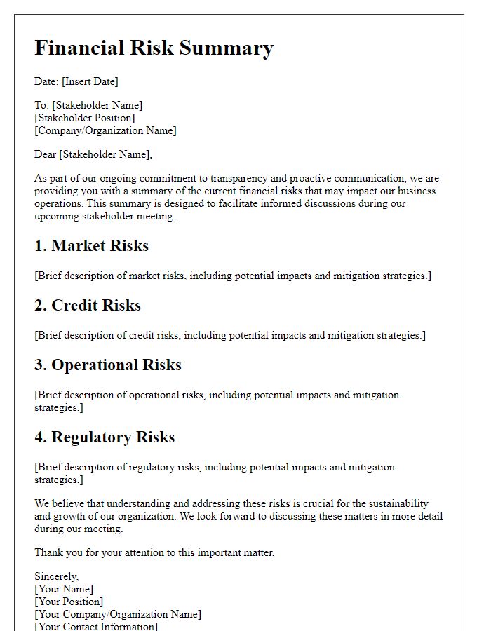 Letter template of financial risk summary for stakeholder meetings