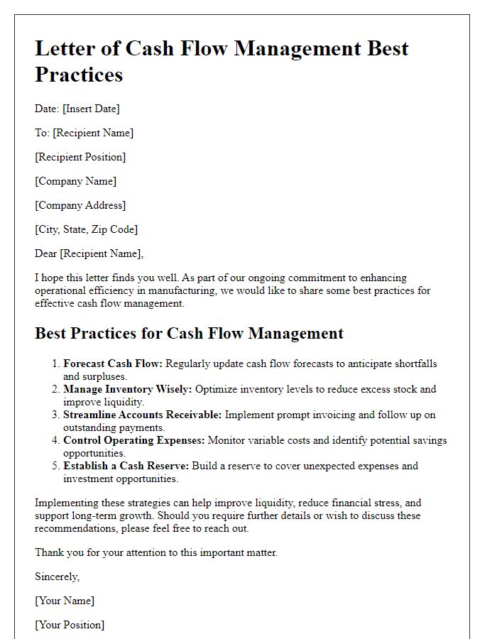 Letter template of cash flow management best practices for manufacturing firms.