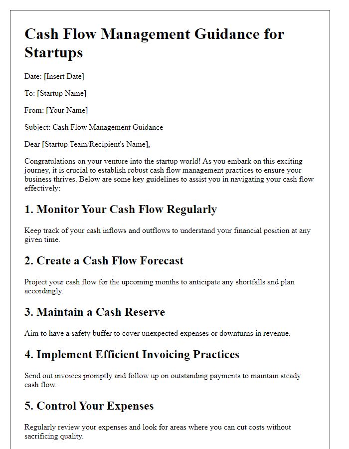 Letter template of cash flow management guidance for startups.