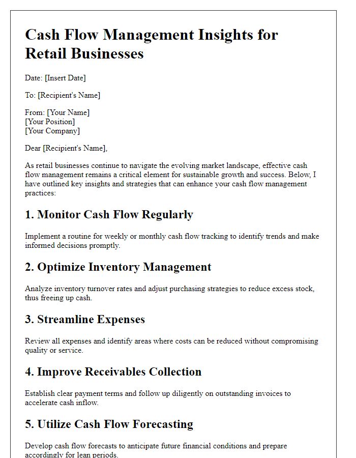 Letter template of cash flow management insights for retail businesses.