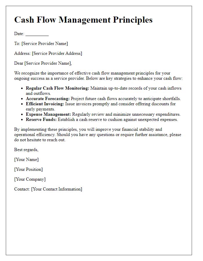 Letter template of cash flow management principles for service providers.