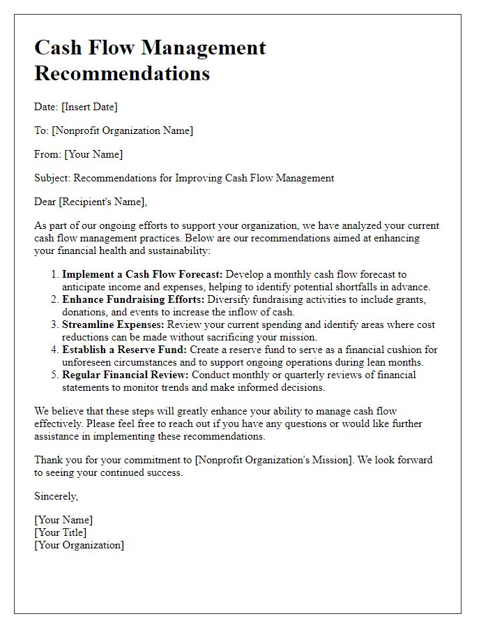 Letter template of cash flow management recommendations for nonprofit organizations.