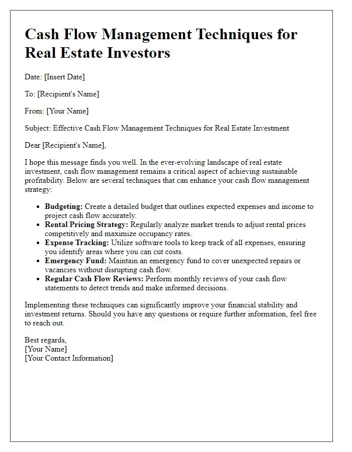 Letter template of cash flow management techniques for real estate investors.