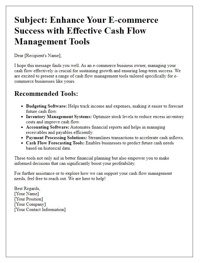 Letter template of cash flow management tools for e-commerce businesses.