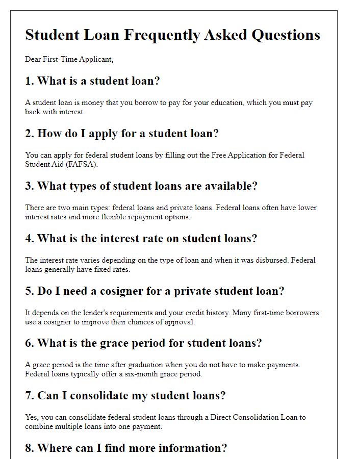 Letter template of student loan FAQs for first-time applicants.