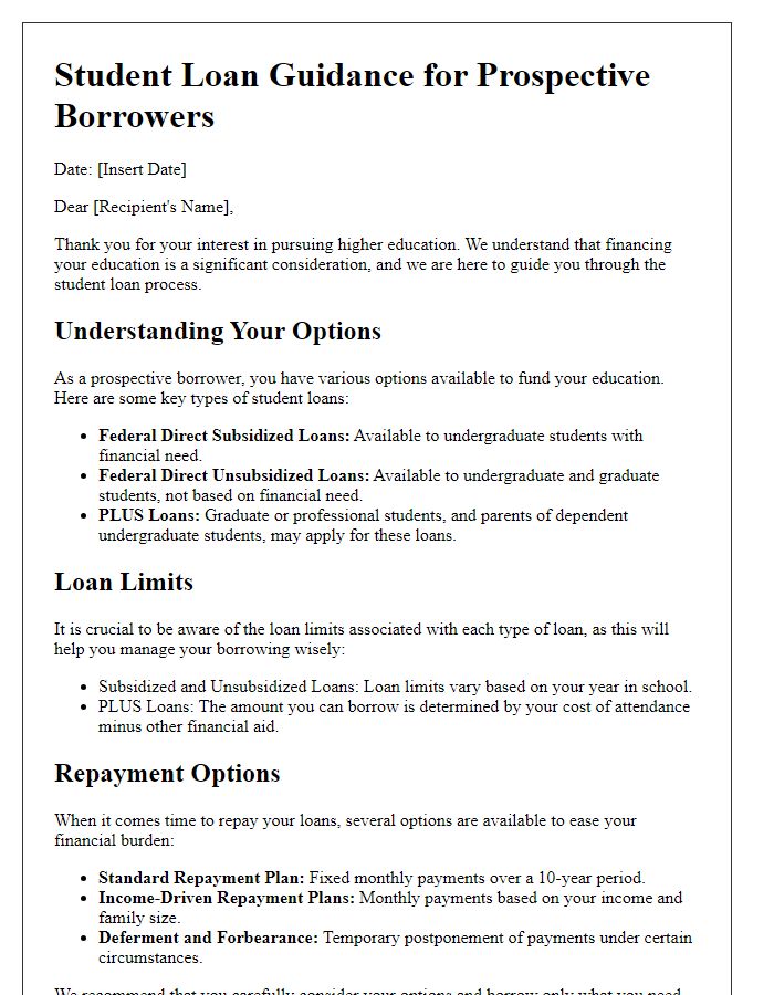 Letter template of student loan guidance for prospective borrowers.