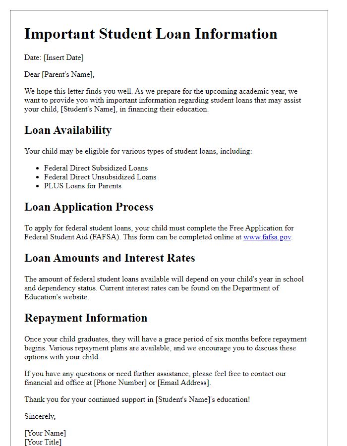 Letter template of student loan information for parents of students.