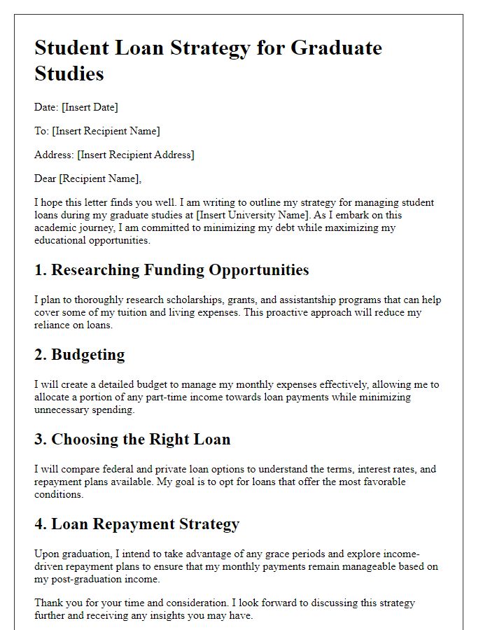 Letter template of student loan strategy for graduate studies.