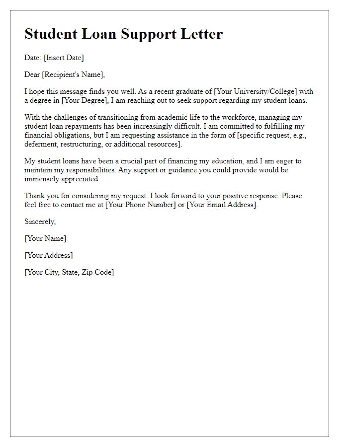 Letter template of student loan support for recent graduates.