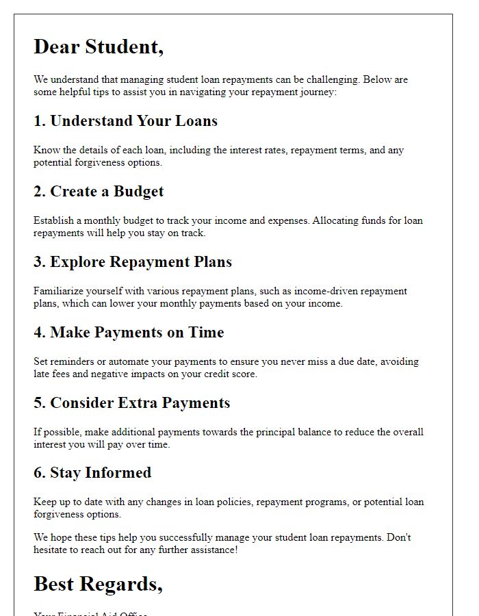 Letter template of student loan tips for managing repayments.