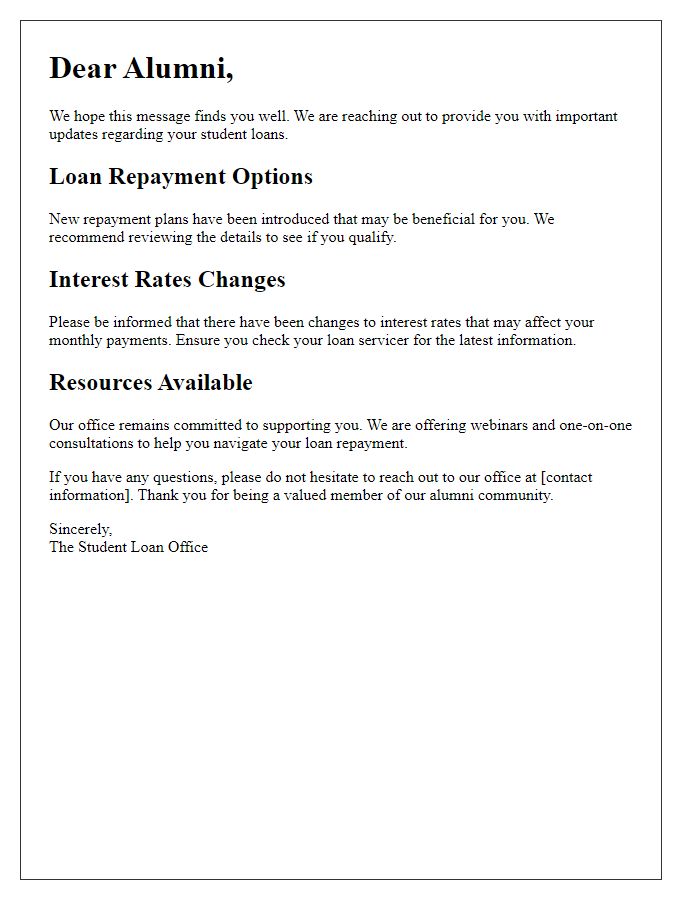 Letter template of student loan updates for alumni.