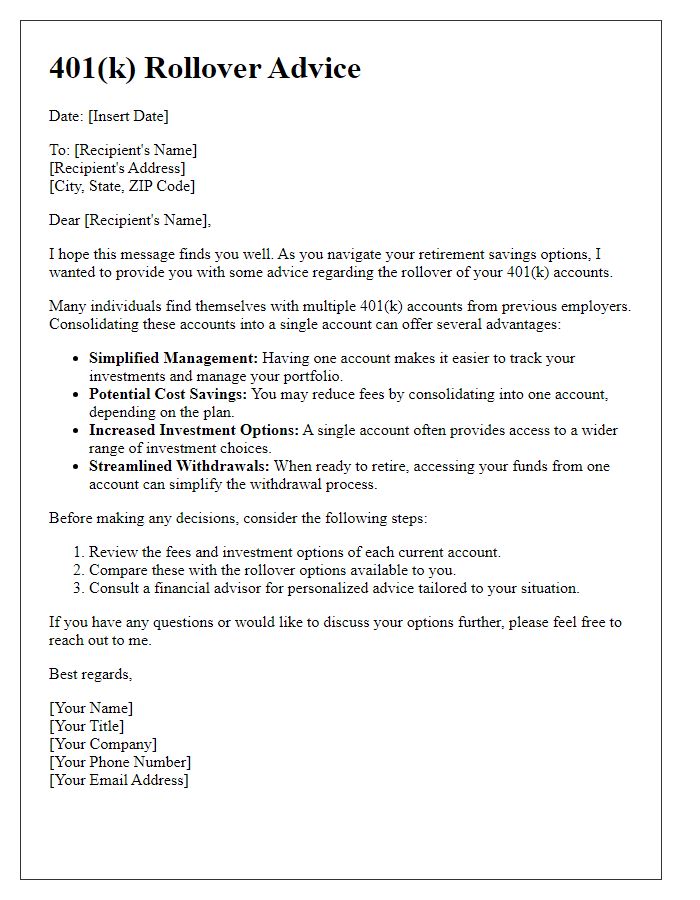 Letter template of 401k rollover advice for individuals with multiple accounts.