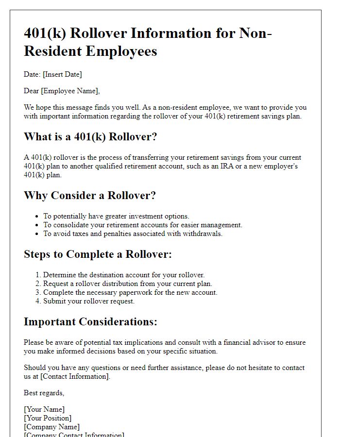 Letter template of 401k rollover explanations for non-resident employees.