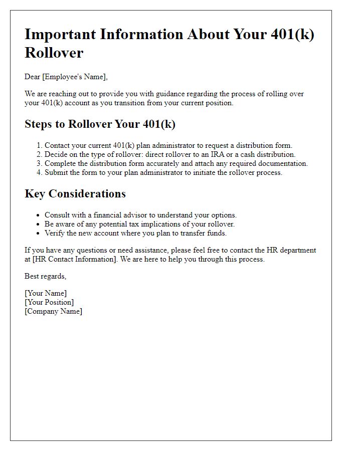 Letter template of 401k rollover guidance for employees.