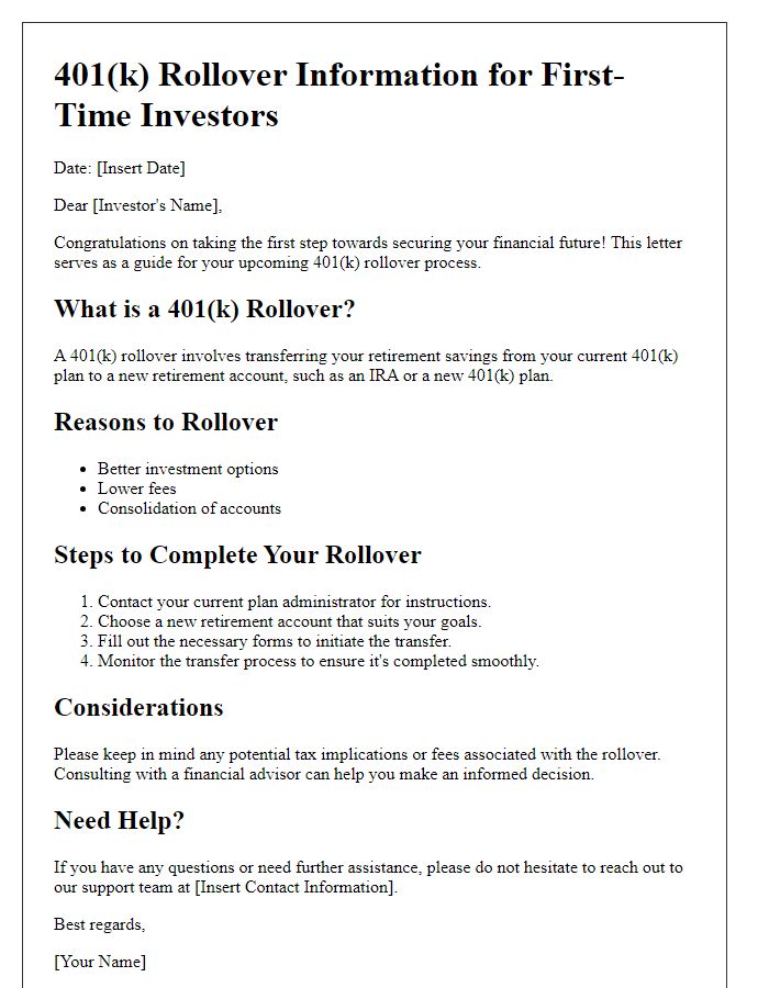 Letter template of 401k rollover information for first-time investors.