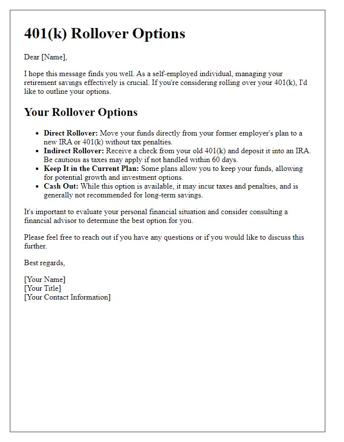 Letter template of 401k rollover options for self-employed individuals.