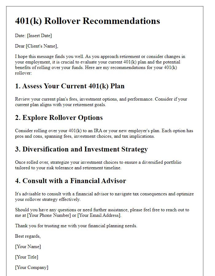 Letter template of 401k rollover recommendations for financial planning.