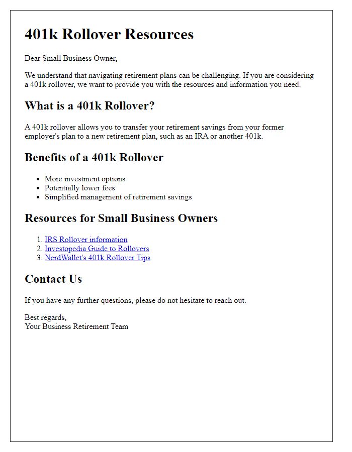 Letter template of 401k rollover resources for small business owners.