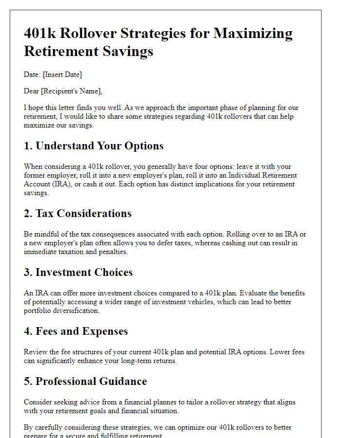 Letter template of 401k rollover strategies for maximizing retirement savings.