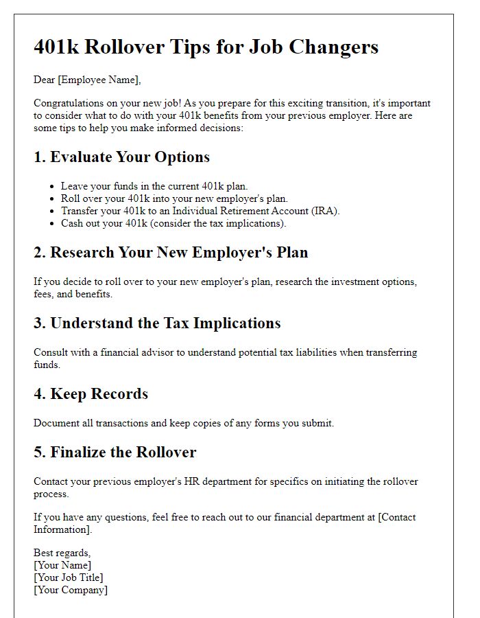 Letter template of 401k rollover tips for job changers.