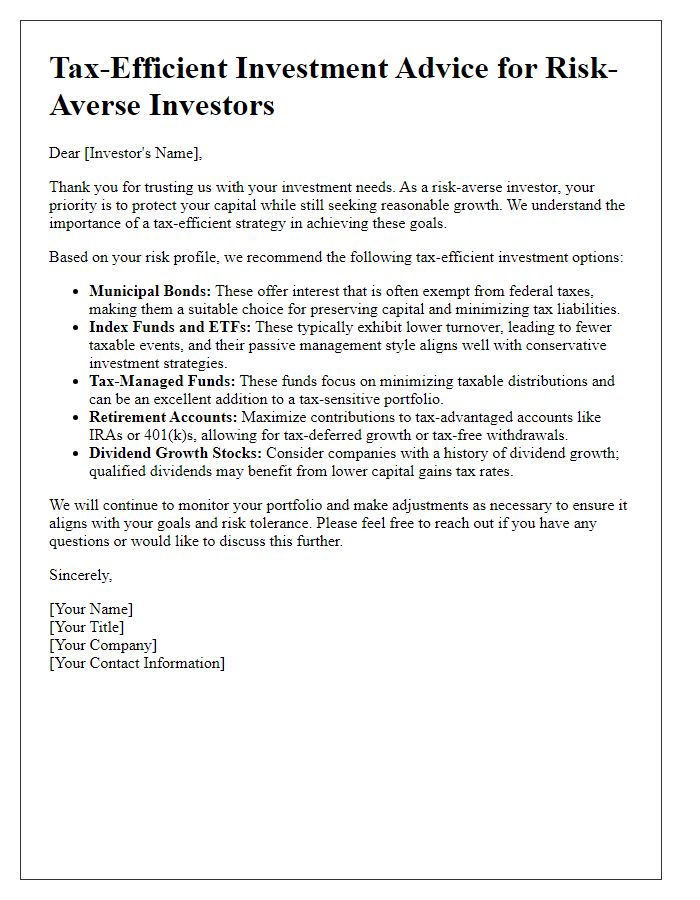 Letter template of tax-efficient investment advice for risk-averse investors