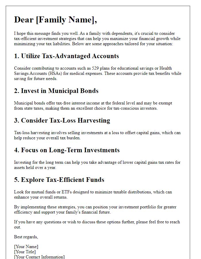 Letter template of tax-efficient investment approaches for families with dependents