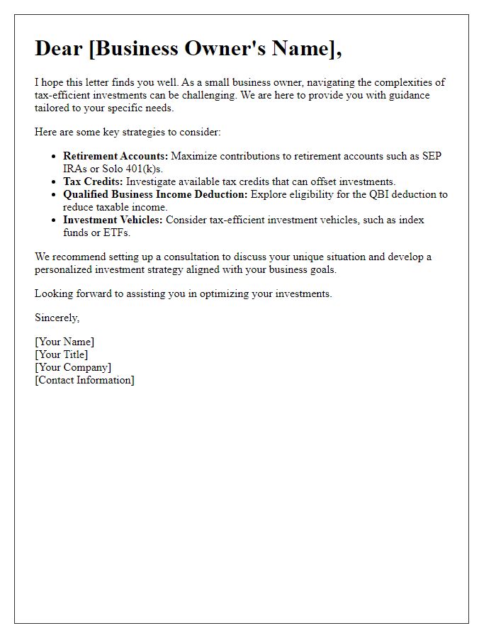 Letter template of tax-efficient investment guidance for small business owners