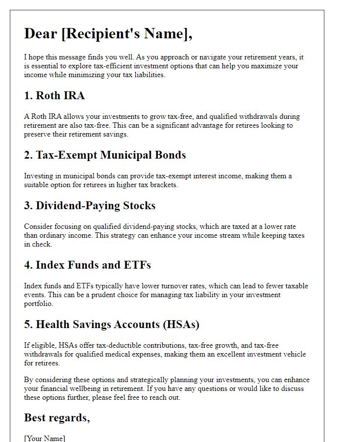 Letter template of tax-efficient investment options for retirees