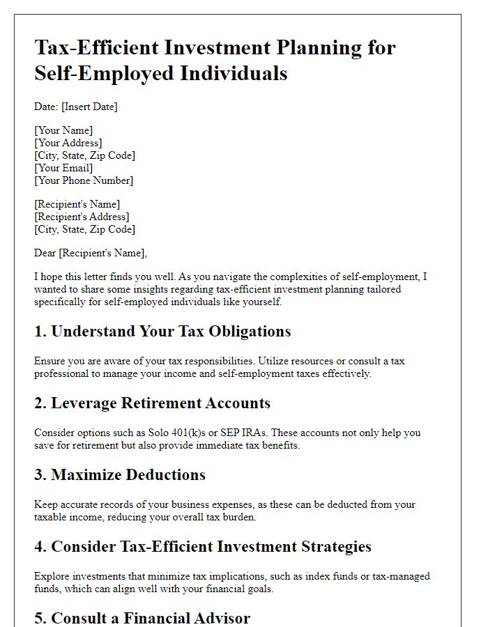 Letter template of tax-efficient investment planning for self-employed individuals