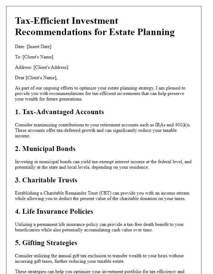 Letter template of tax-efficient investment recommendations for estate planning