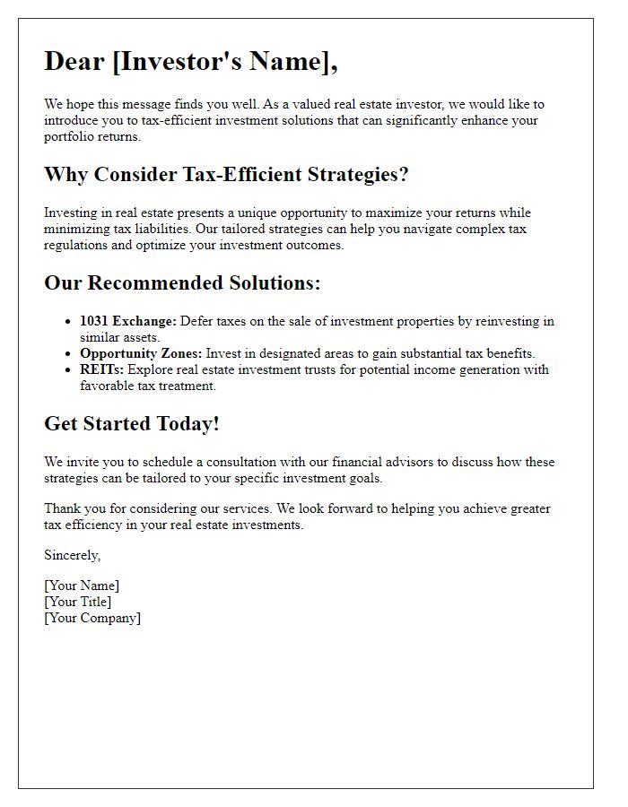 Letter template of tax-efficient investment solutions for real estate investors