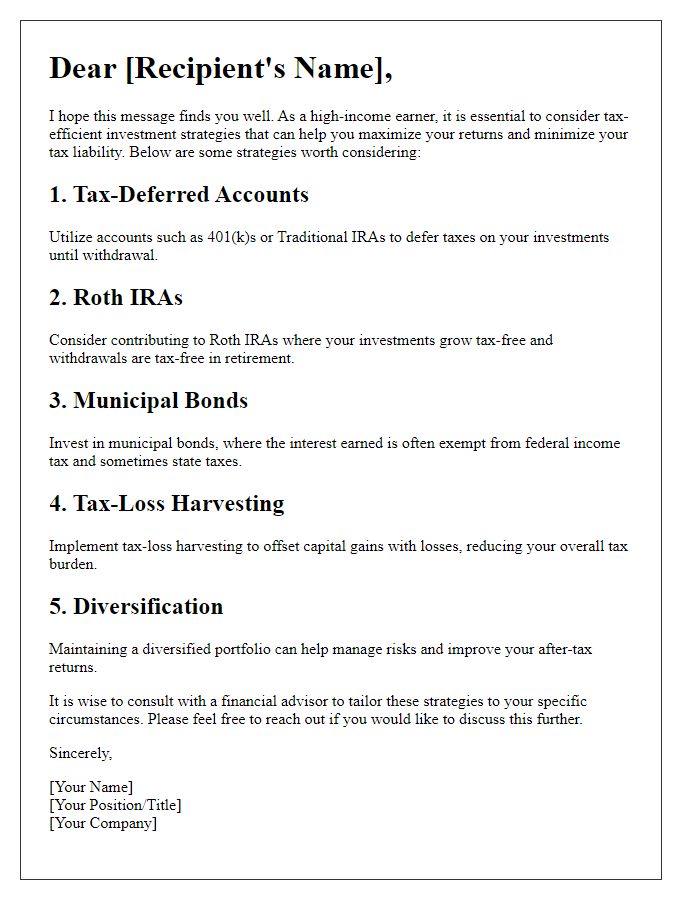 Letter template of tax-efficient investment strategies for high-income earners