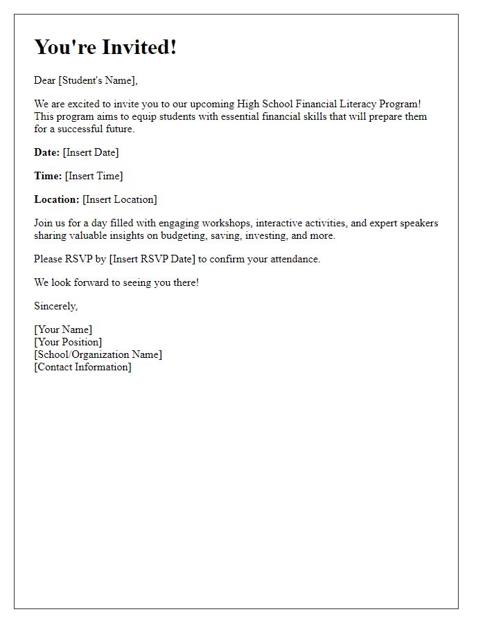 Letter template of invitation to high school financial literacy program