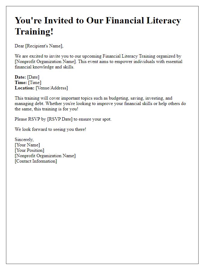 Letter template of invitation to nonprofit financial literacy training