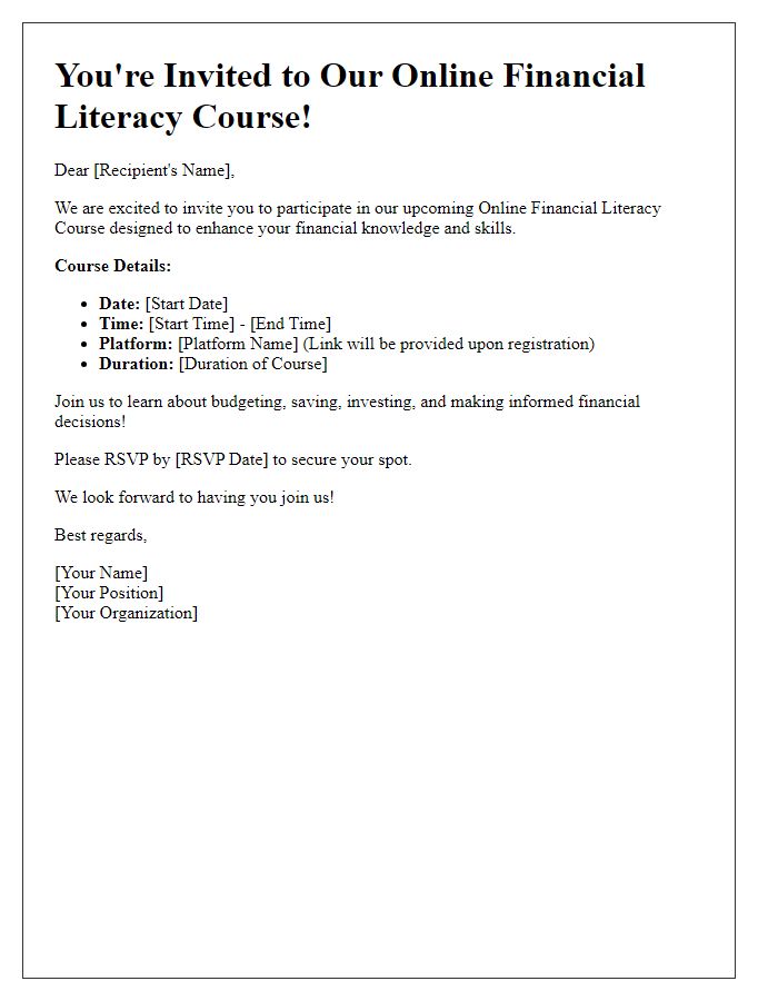 Letter template of invitation for online financial literacy course