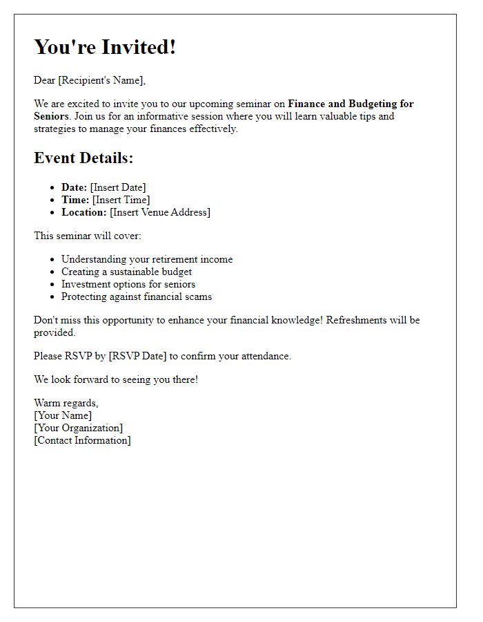 Letter template of invitation for seniors' finance and budgeting seminar