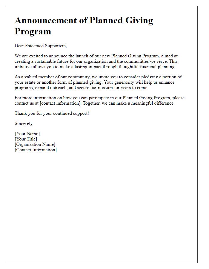 Letter template of announcement for planned giving