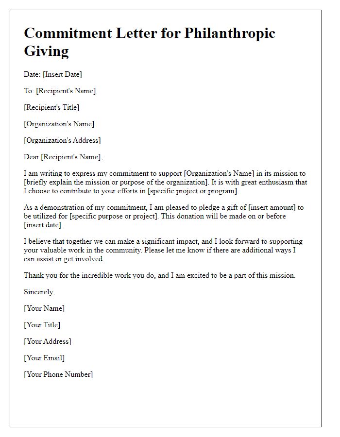 Letter template of commitment for philanthropic giving