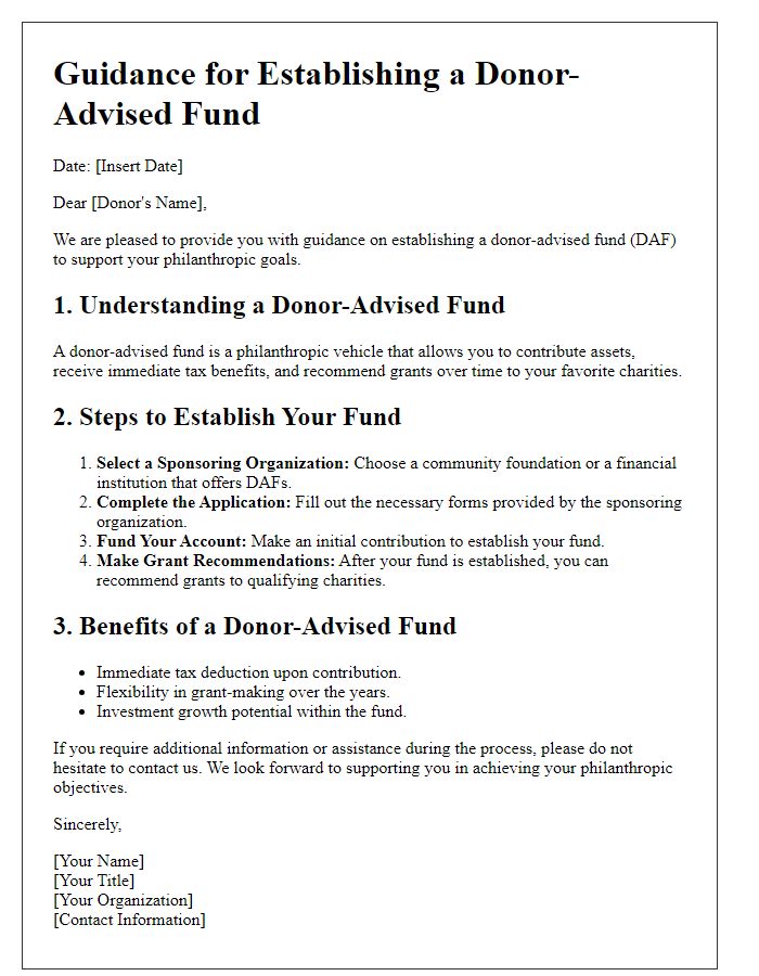 Letter template of guidance for establishing a donor-advised fund