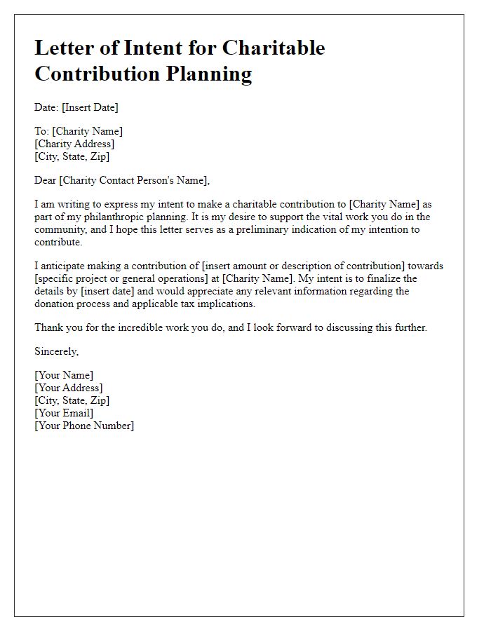 Letter template of intent for charitable contribution planning