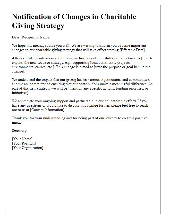 Letter template of notification for changes in charitable giving strategy