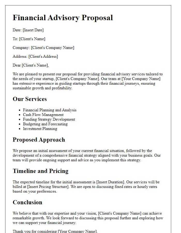 Letter template of financial advisory proposal for startups.