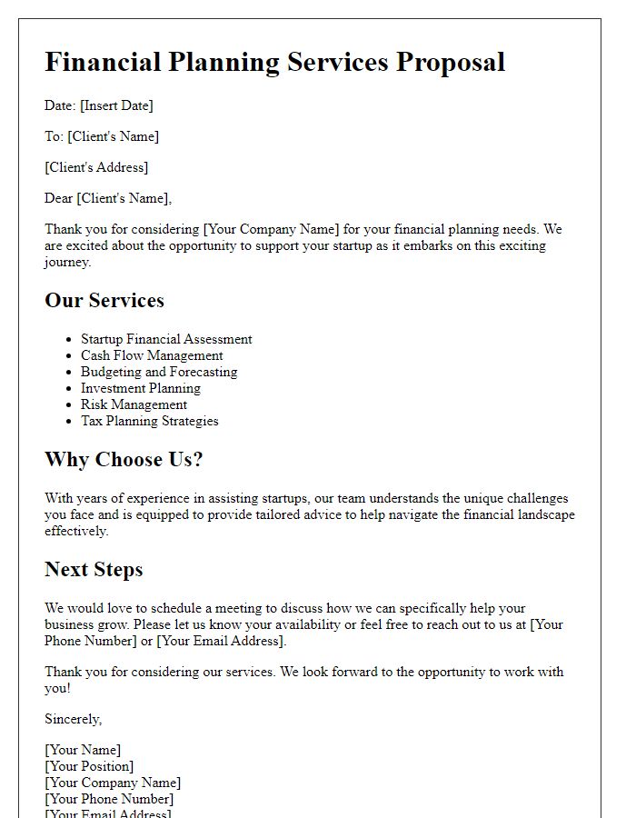 Letter template of financial planning services tailored for startups.