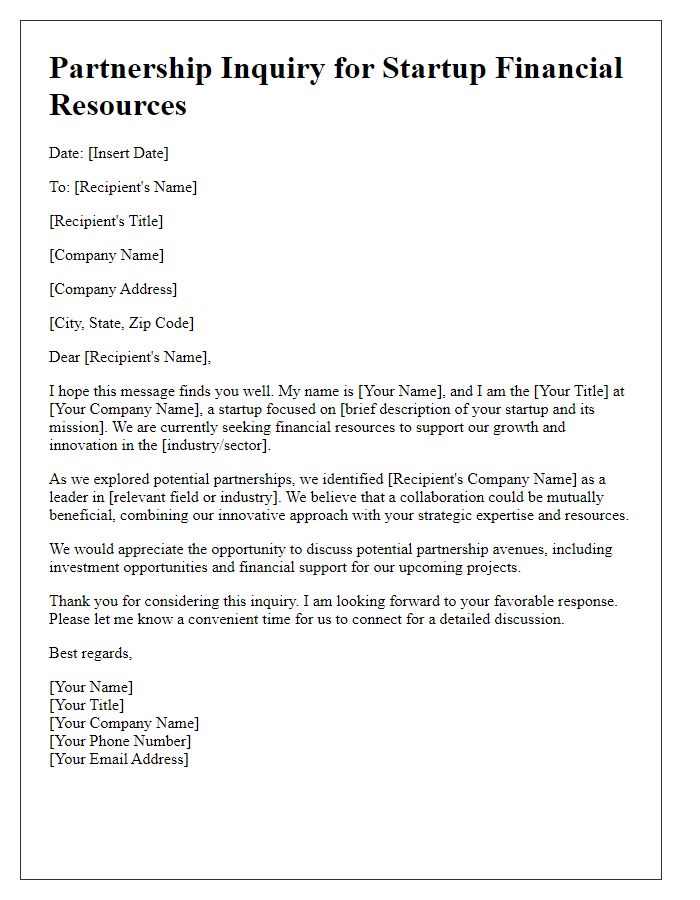 Letter template of partnership inquiry for startup financial resources.