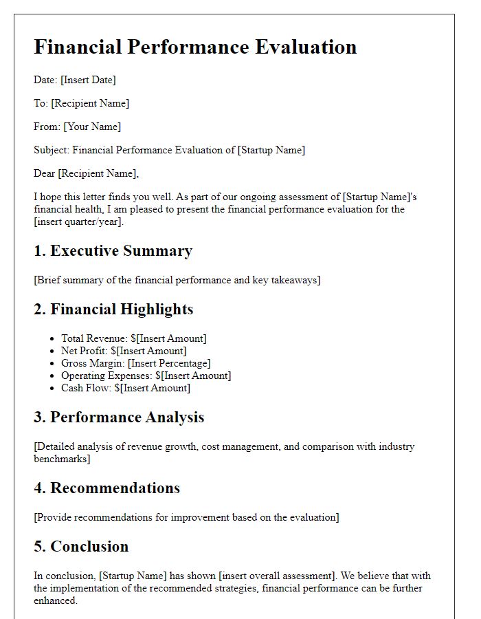 Letter template of startup financial performance evaluation.