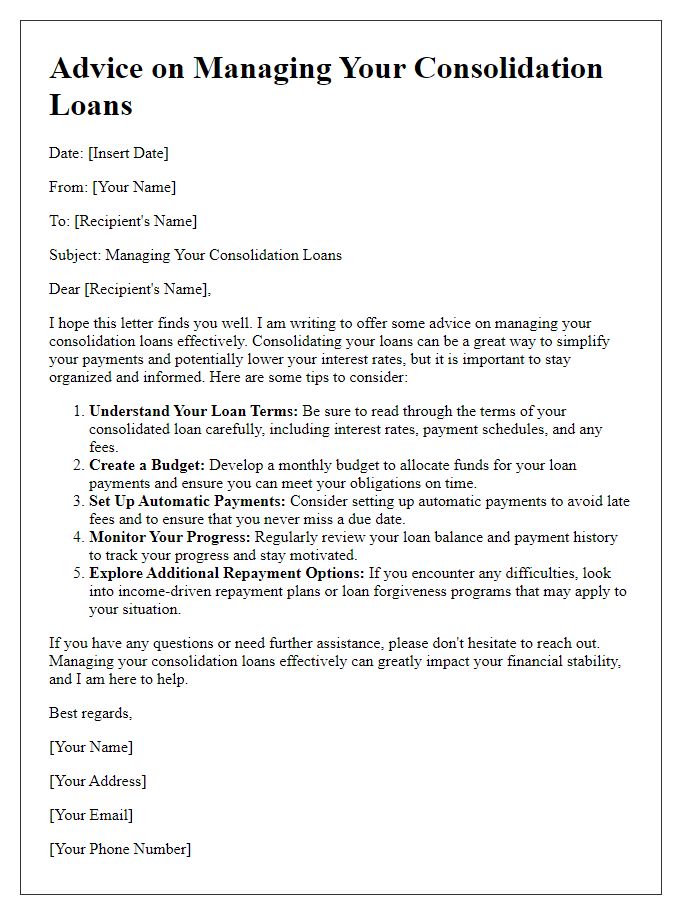 Letter template of advice on managing consolidation loans