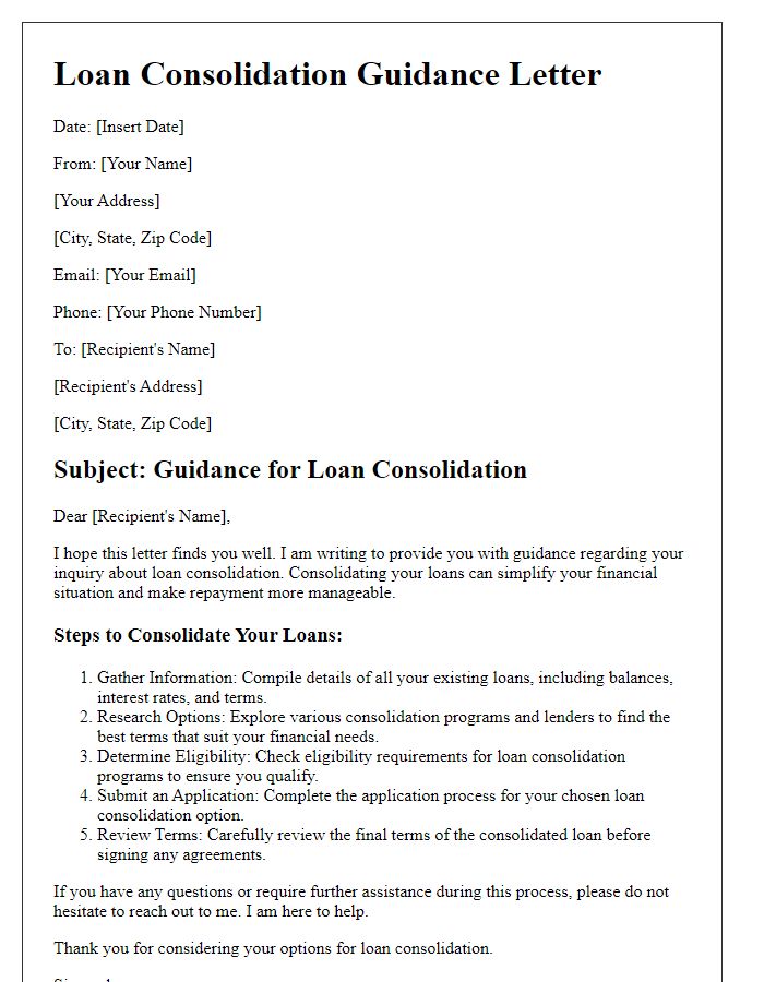 Letter template of guidance for loan consolidation