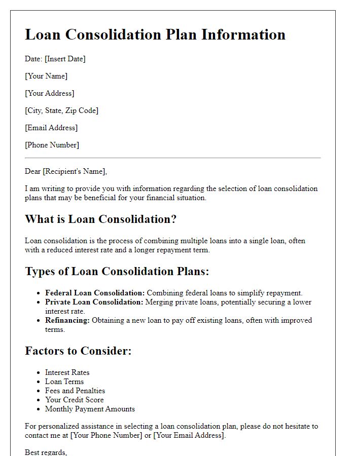 Letter template of information for selecting loan consolidation plans